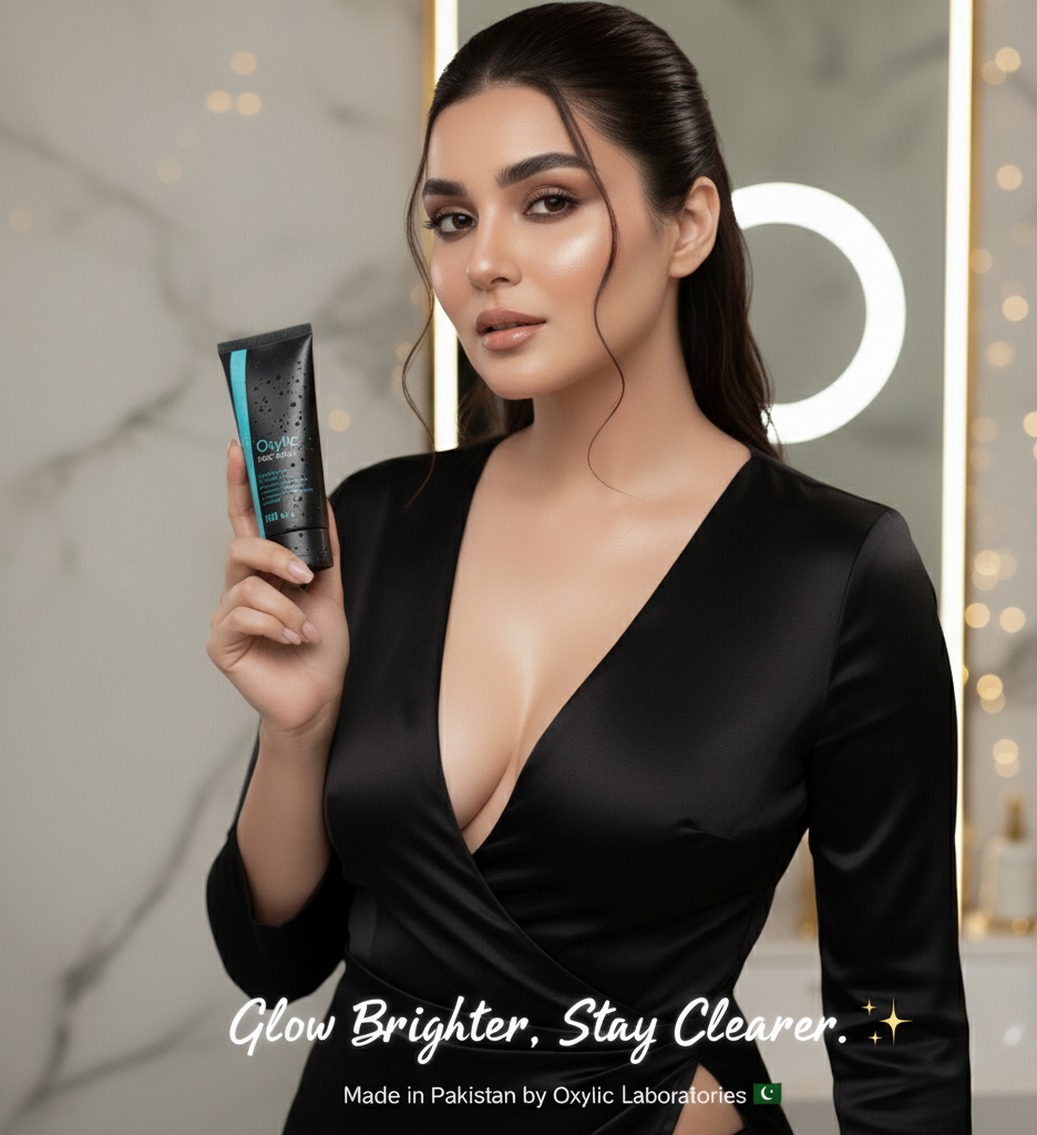 Woman holding a skincare product with a blurred background