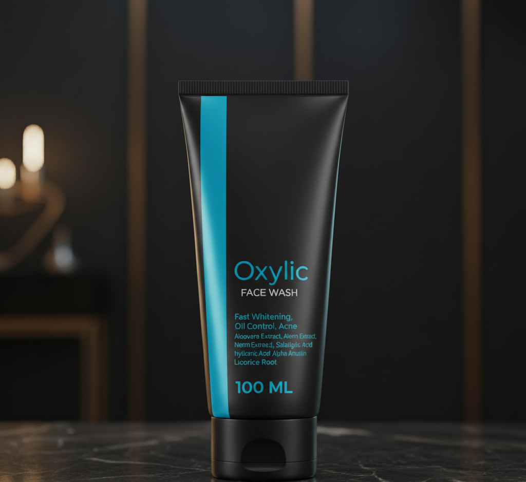 Oxyllic Face Wash tube on a dark surface with a blurred background