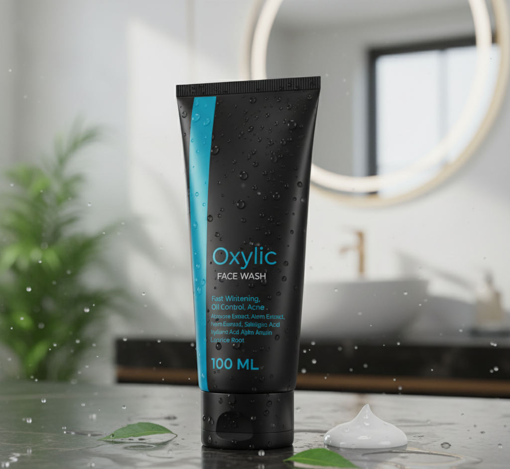 Oxylic face wash tube on a bathroom counter with a blurred background