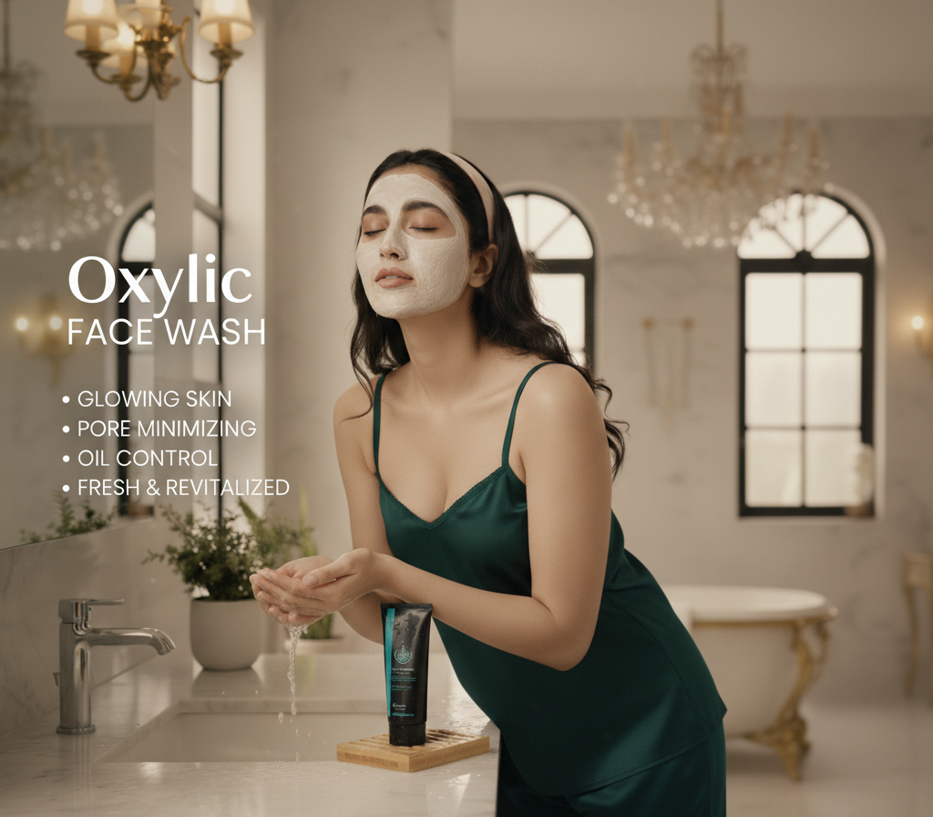 Woman applying face wash in a bathroom with Oxylic Face Wash product displayed.