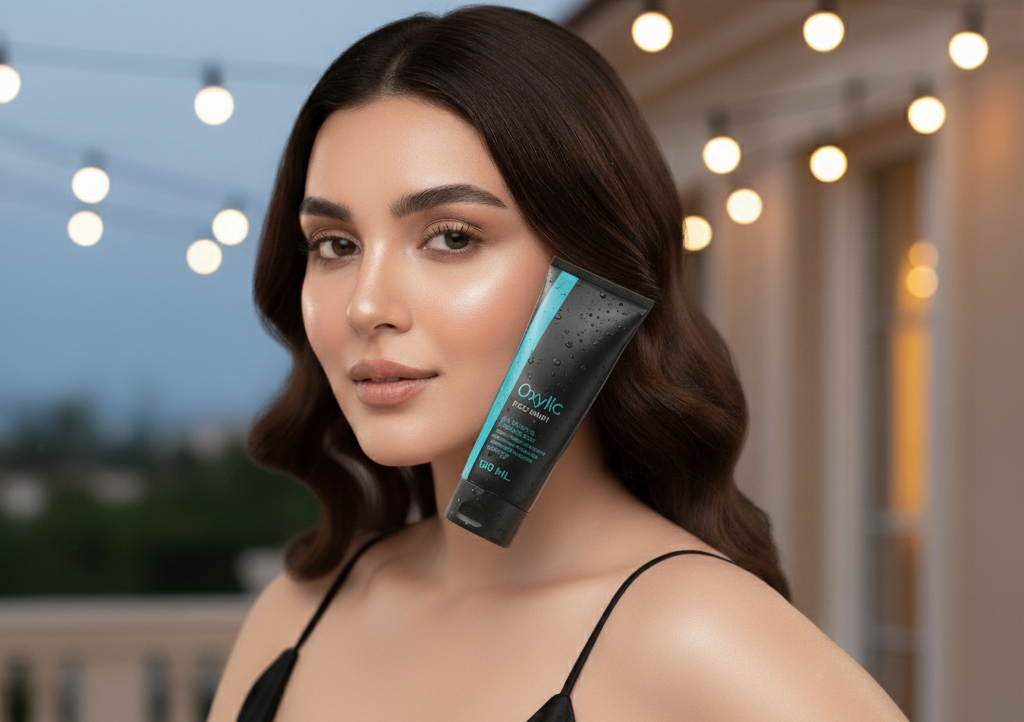 Woman holding a skincare product with 'Oxylic' branding, set against a blurred outdoor background.