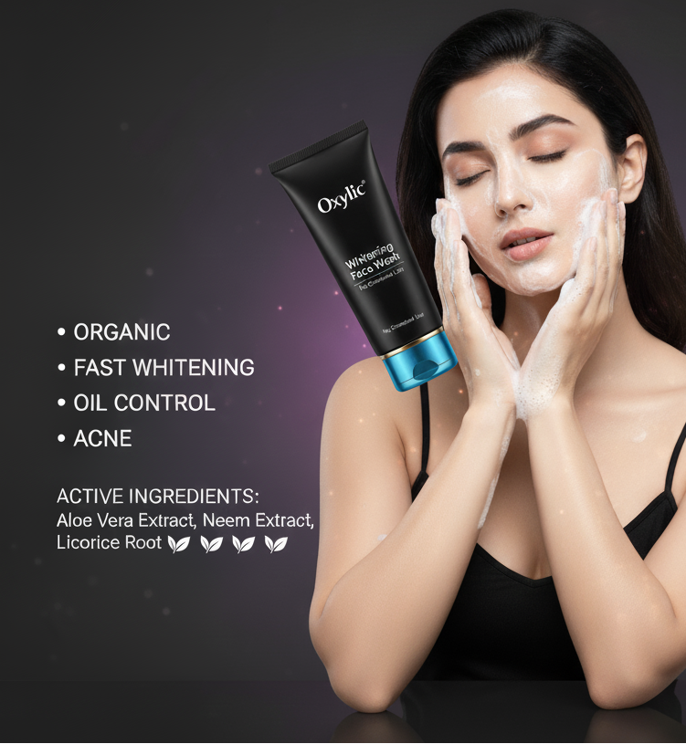 Woman applying Oxylic skincare product with product and brand details on a dark background
